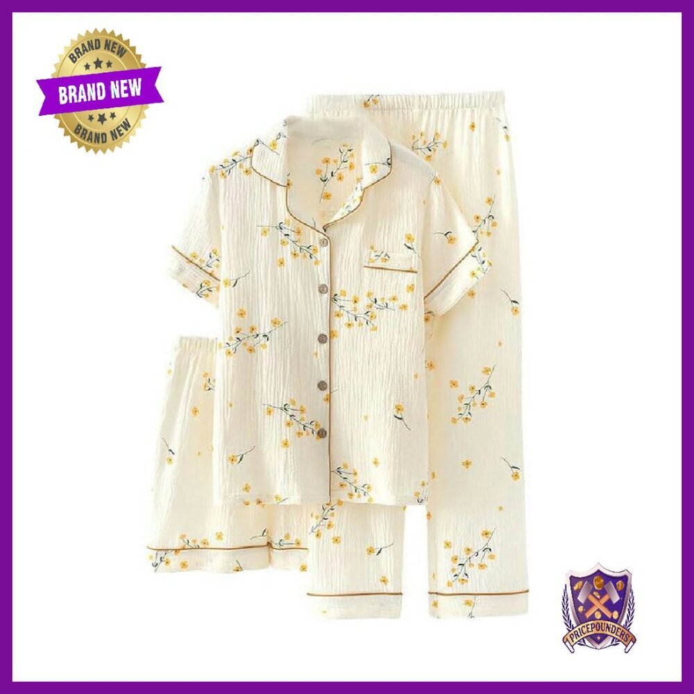 3-Piece Cotton Pajama Set Short Sleeve Sleepwear with Long Pants